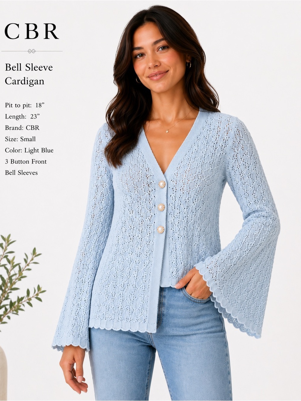 CBR Light Blue Bell Sleeve Crochet Knit Cardigan Size Small‎ Boho 3 Button